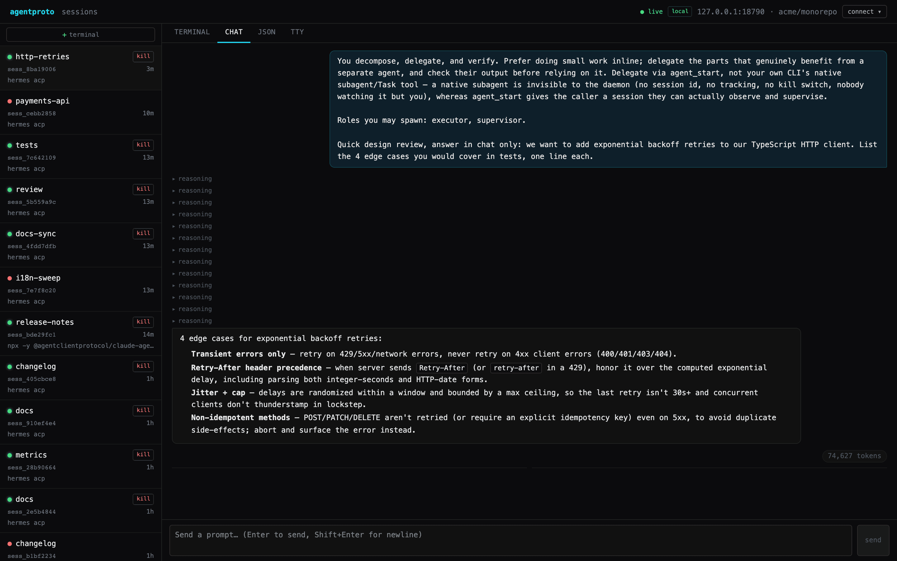 The agentproto panel: a session sidebar on the left, a live terminal view of a running claude-code session on the right.
